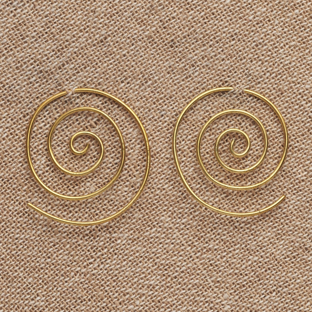 Handmade pure brass, simple spiral hoop earrings designed by OMishka.
