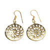Dainty, handmade pure brass, cut out sun inspired disc drop earrings designed by OMishka.
