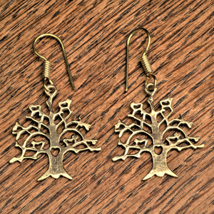 Handmade pure brass, detailed tree of life, drop hook earrings designed by OMishka.