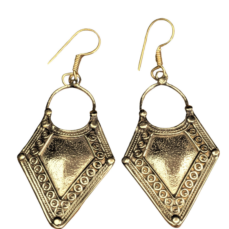 Handmade pure brass, long, hollow tribal shield, dangle hook earrings designed by OMishka.