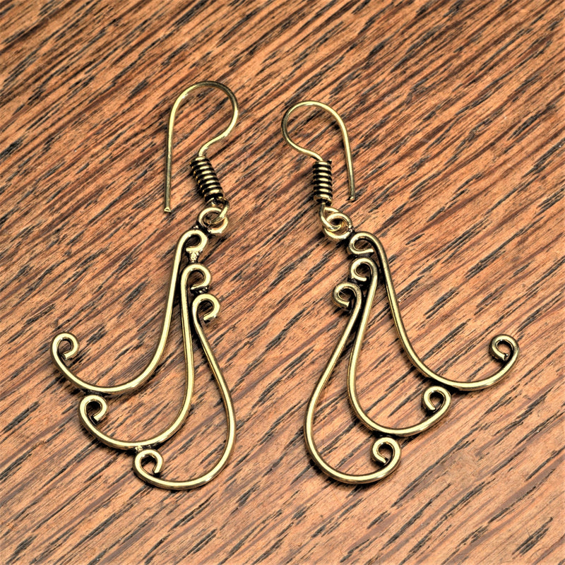 Handmade, pure brass triple crested wave, drop hook earrings designed by OMishka.