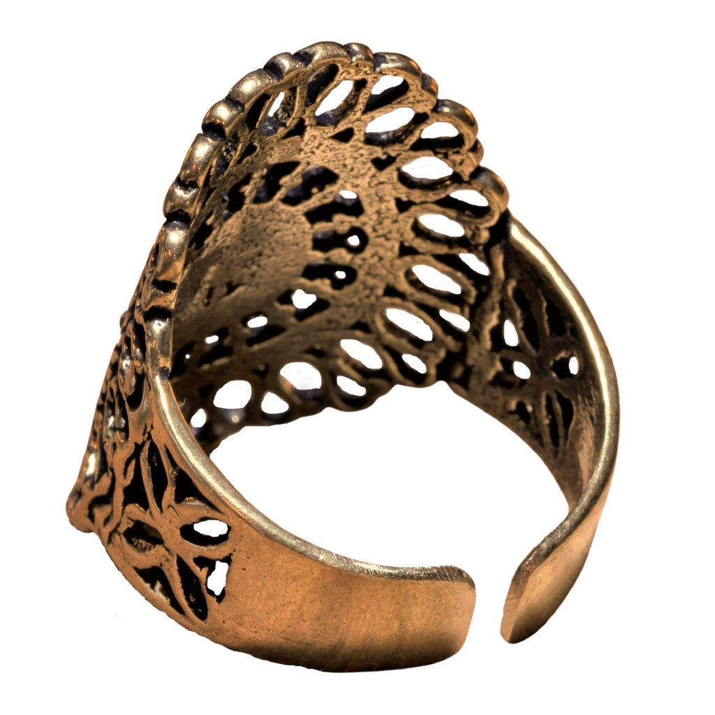 An adjustable, chunky, handmade pure brass, filigree mandala ring designed by OMishka.