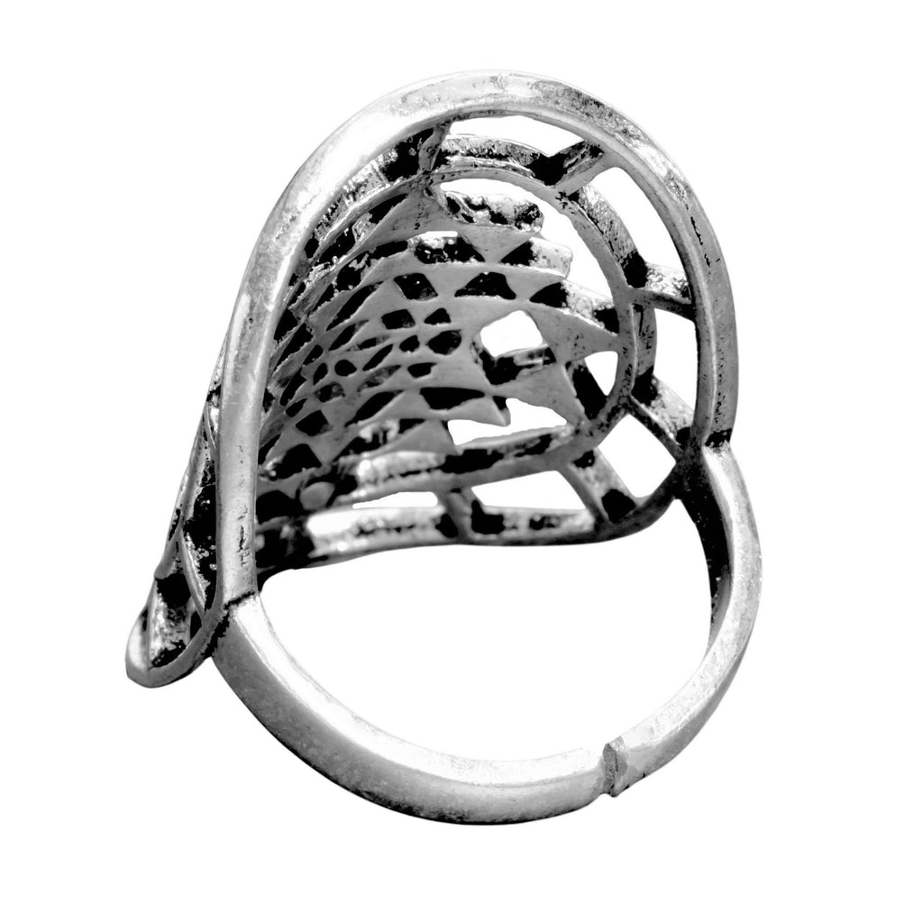 An adjustable, chunky, handmade solid silver, Sri Yantra mandala ring designed by OMishka.