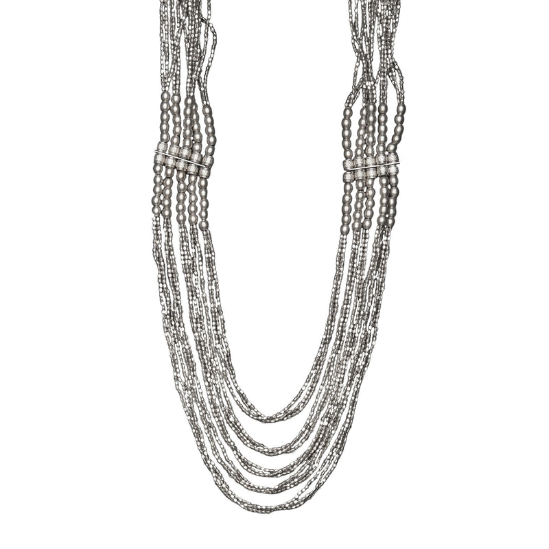 Handmade silver, tiny cube and charm beaded, chunky, layered multi strand necklace designed by OMishka.