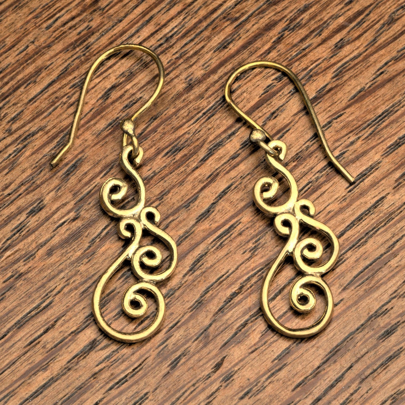 Dainty handmade pure brass, swirl drop hook earrings designed by OMishka.