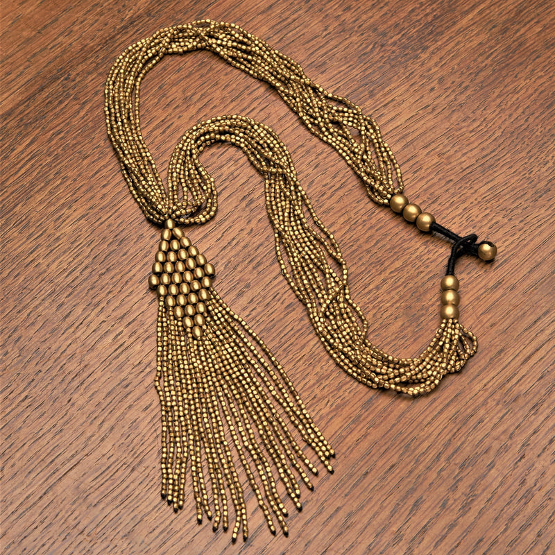 Handmade pure brass, golden beaded diamond shaped, long drop multi strand necklace designed by OMishka.
