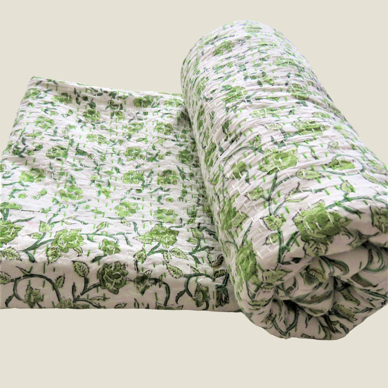 Green Floral Kantha Bed Cover & Throw - 30