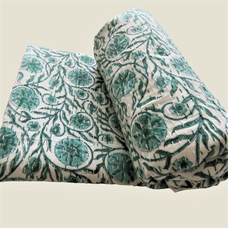 Green Floral Kantha Bed Cover & Throw - 01