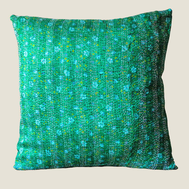 Green Vintage Silk Kantha Cushion Cover - 01