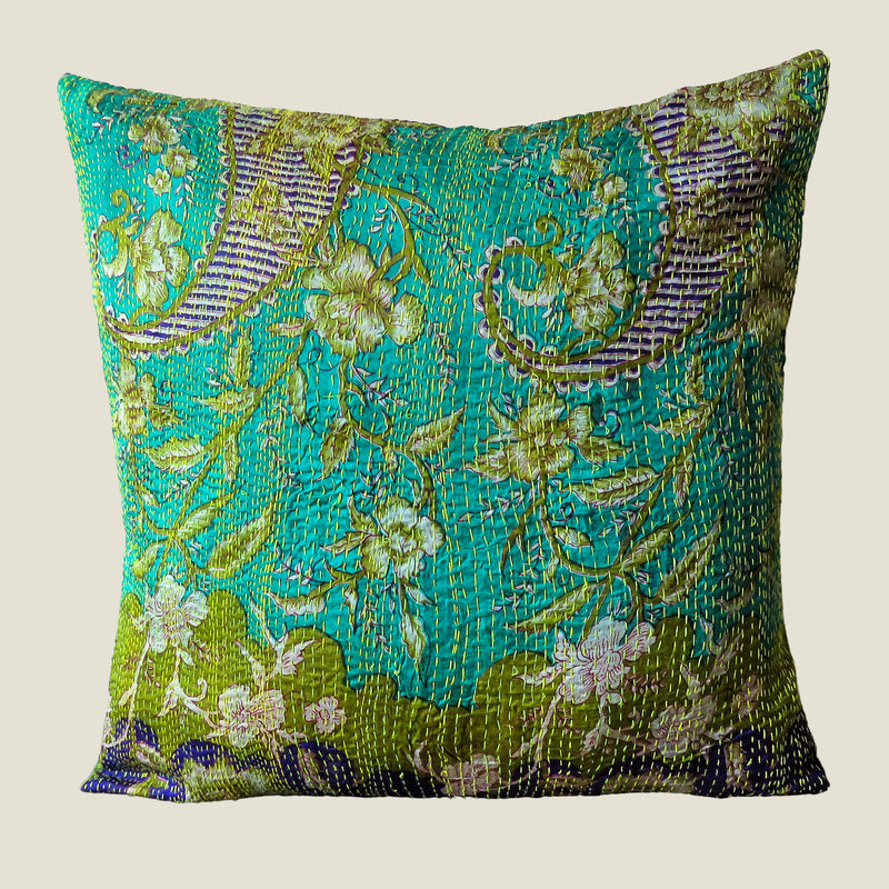 Green Vintage Silk Kantha Cushion Cover - 03
