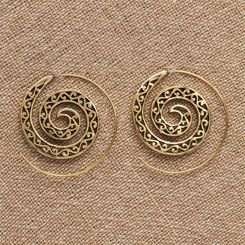 Large, handmade pure brass, ornate tribal inspired, spiral hoop earrings designed by OMishka.