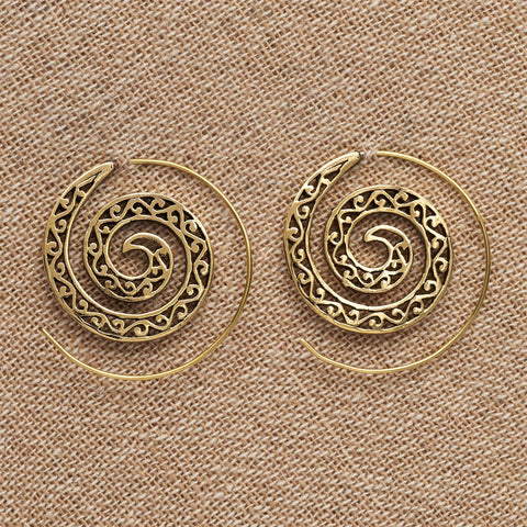 Large Pure Brass Dotted Spiral Hoop Earrings