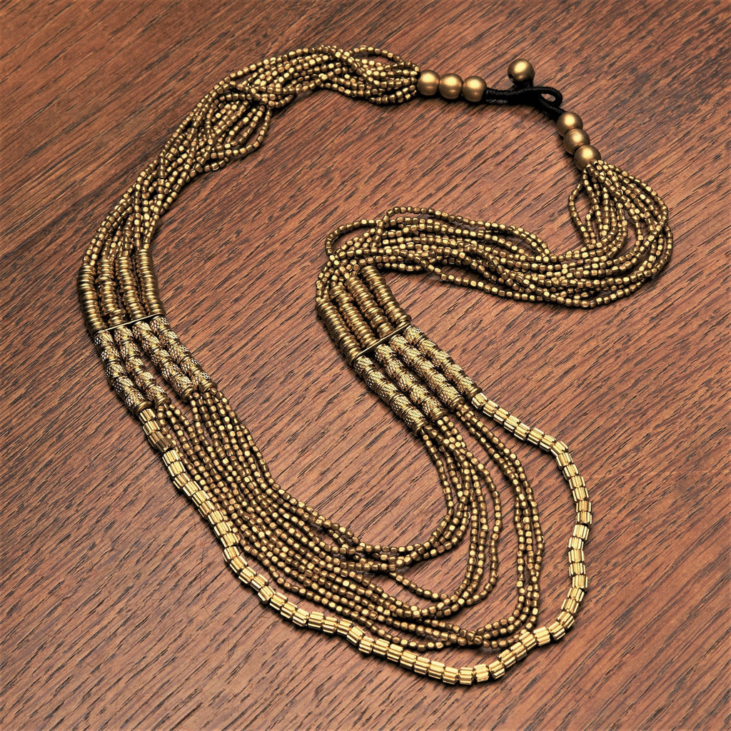 Handmade pure golden brass, tiny cube and etched beaded, chunky, layered multi strand necklace designed by OMishka.