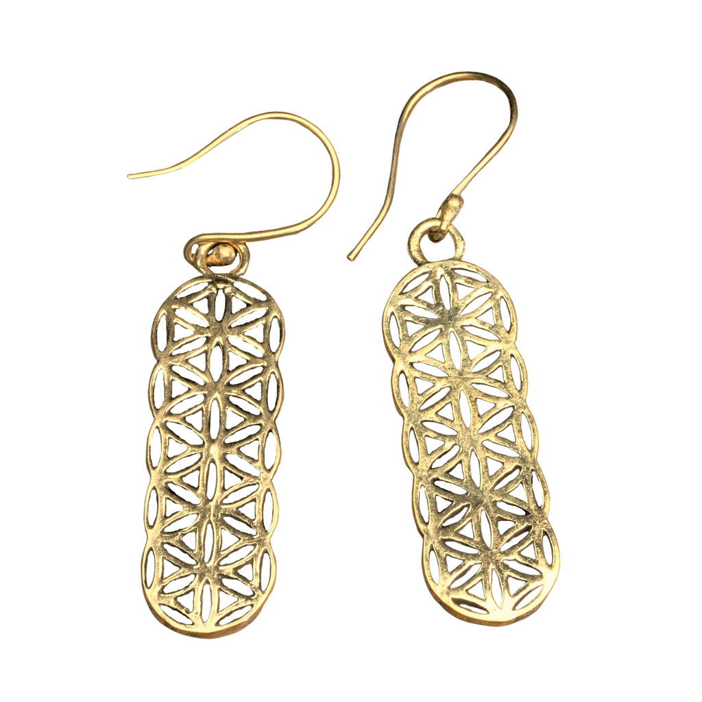 Handmade pure brass, long flower of life drop hook earrings designed by OMishka.