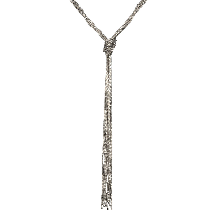 Handmade silver, tiny cube beaded, double braided multi strand, long tassel necklace designed by OMishka.