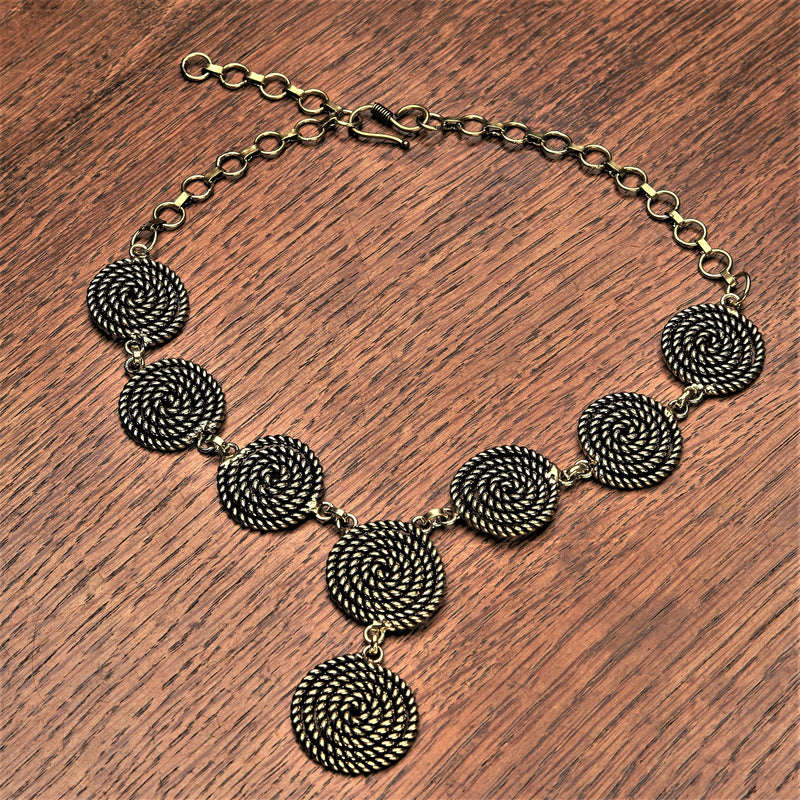 Handmade and nickel free pure brass, coiled rope spiral detail, adjustable drop necklace designed by OMishka