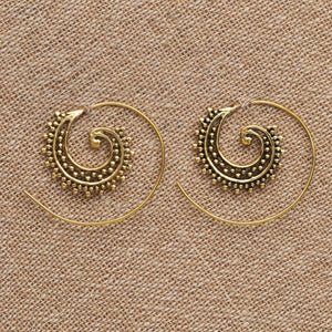 Handmade nickel free pure brass, dainty, decorative, dotted spiral hoop earrings designed by OMishka.
