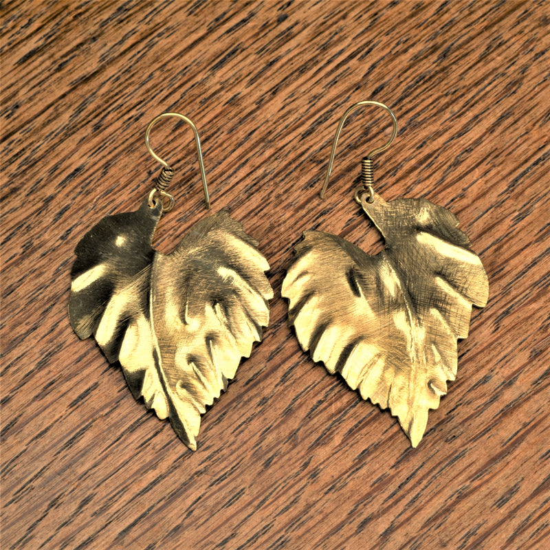 Handmade nickel free pure brass, large single leaf drop earrings designed by OMishka.
