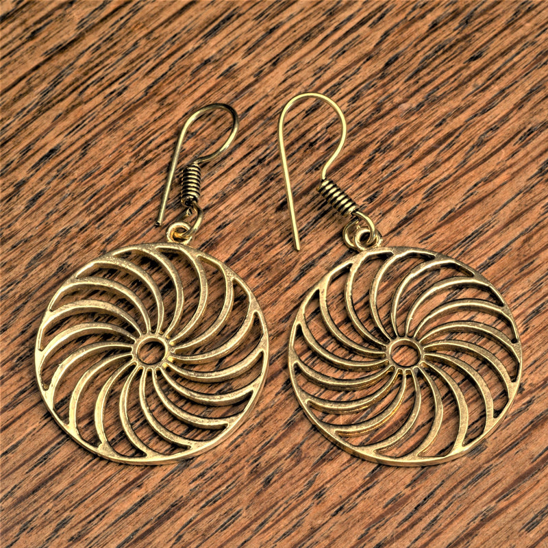 Handmade nickel free pure brass, geometric sun swirl, disc drop hook earrings designed by OMishka.