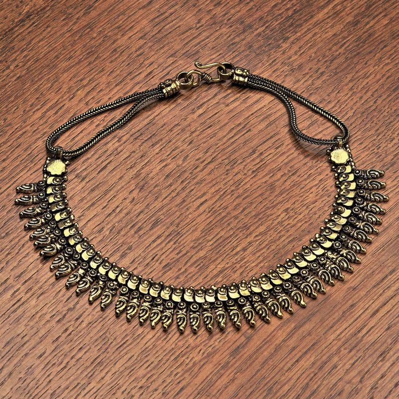 Handmade and nickel free pure brass, tribal patterned disc and beaded, chainmail necklace designed by OMishka.