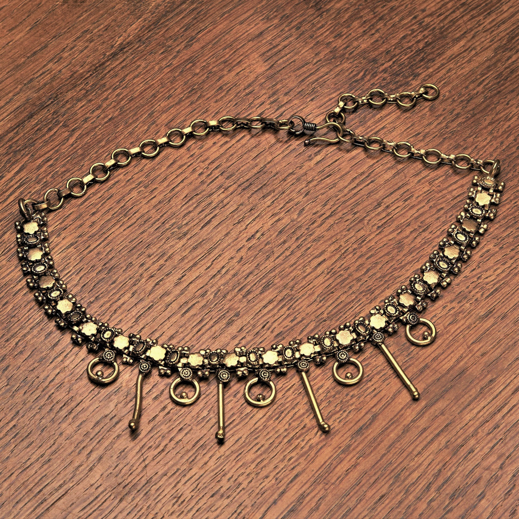 Handmade and nickel free, oxidised pure brass, decorative tribal inspired, adjustable choker chain necklace designed by OMishka.