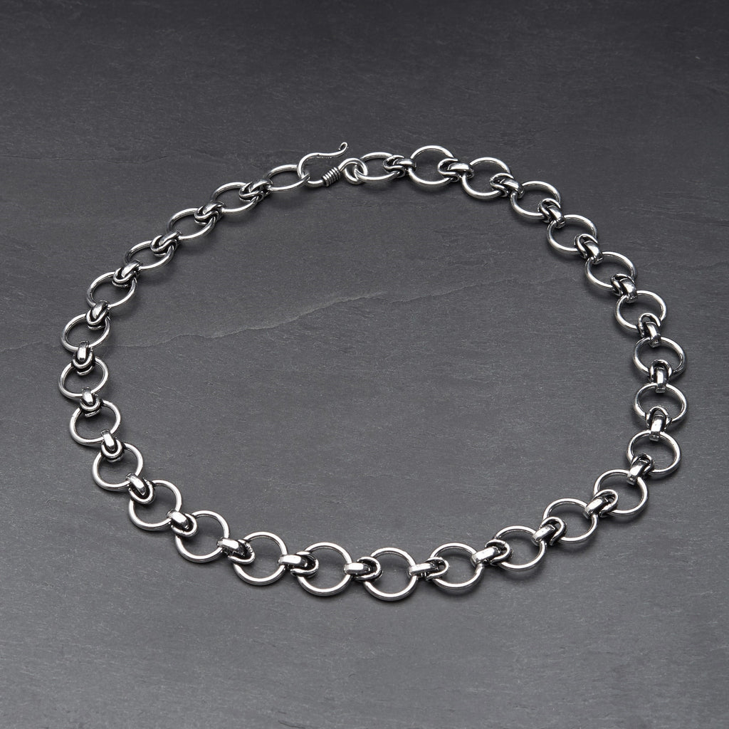 Handmade and nickel free, silver toned brass, adjustable circle chain link necklace designed by OMishka.