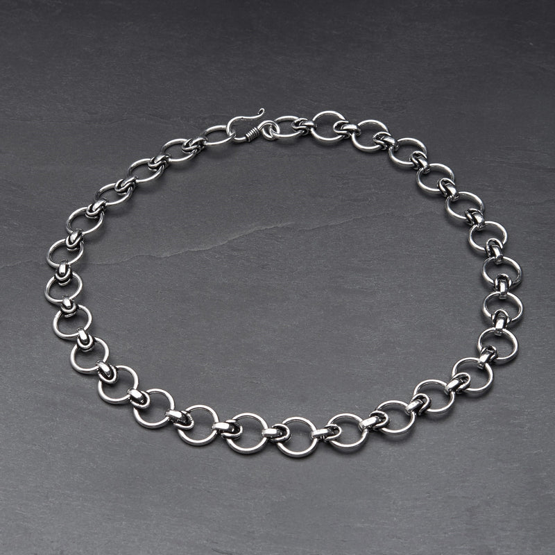 Handmade and nickel free, silver toned brass, adjustable circle chain link necklace designed by OMishka.