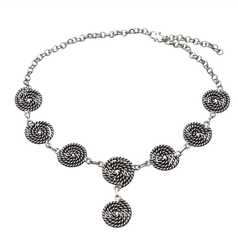 Artisan handmade silver toned brass, coiled multi spiral detail, adjustable drop necklace designed by OMishka.