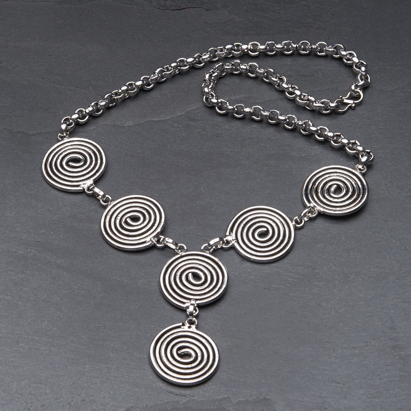 Handmade nickel free silver toned brass, coiled multi spiral detail, adjustable drop necklace designed by OMishka.