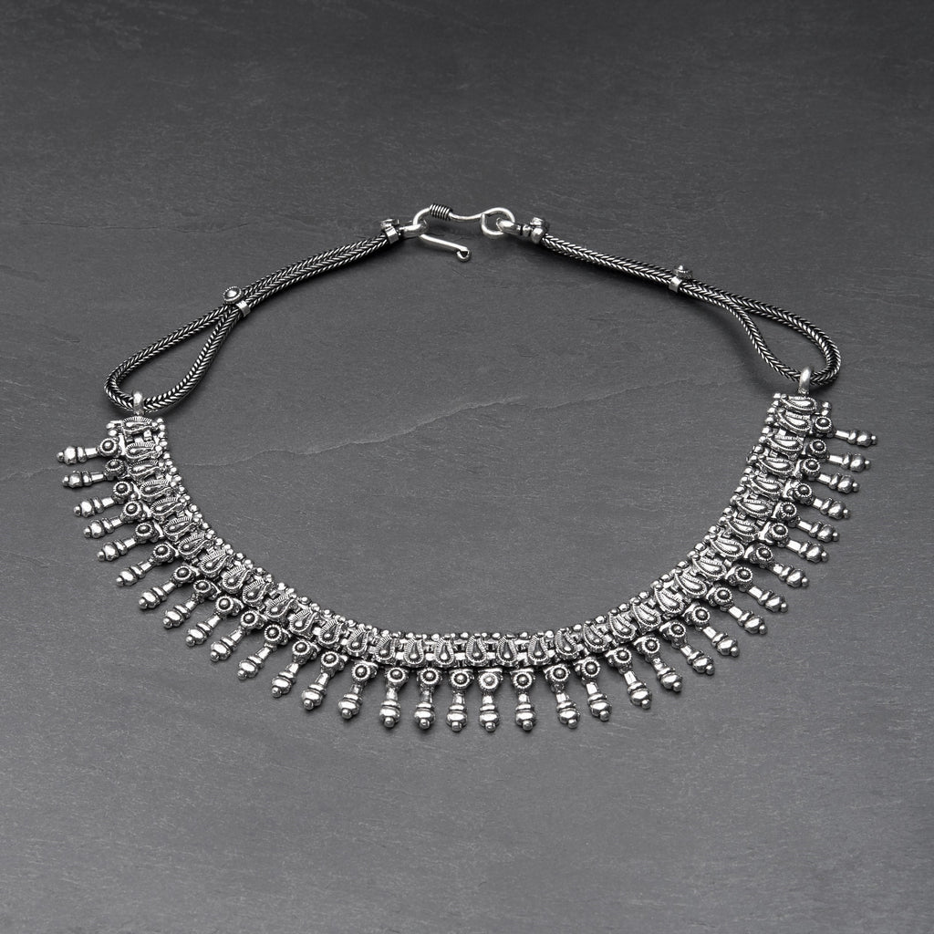 Handmade and nickel free, silver toned white metal, Indian patterned, collar necklace designed by OMishka.