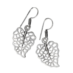 Handmade nickel free solid silver, dainty skeleton leaf drop hook earrings designed by OMishka.