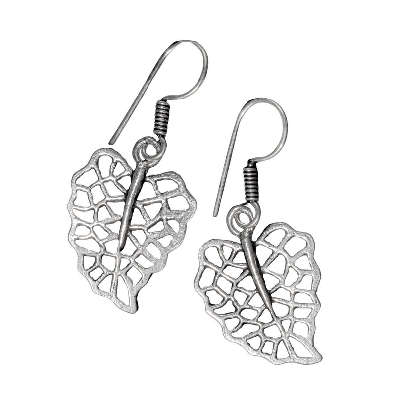 Handmade nickel free solid silver, dainty skeleton leaf drop hook earrings designed by OMishka.
