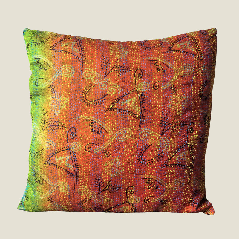 Orange Vintage Silk Kantha Cushion Cover - 02