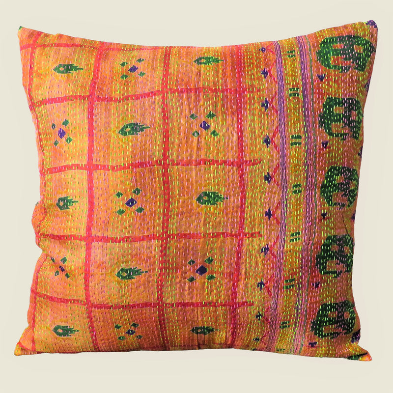 Orange Vintage Silk Kantha Cushion Cover - 08
