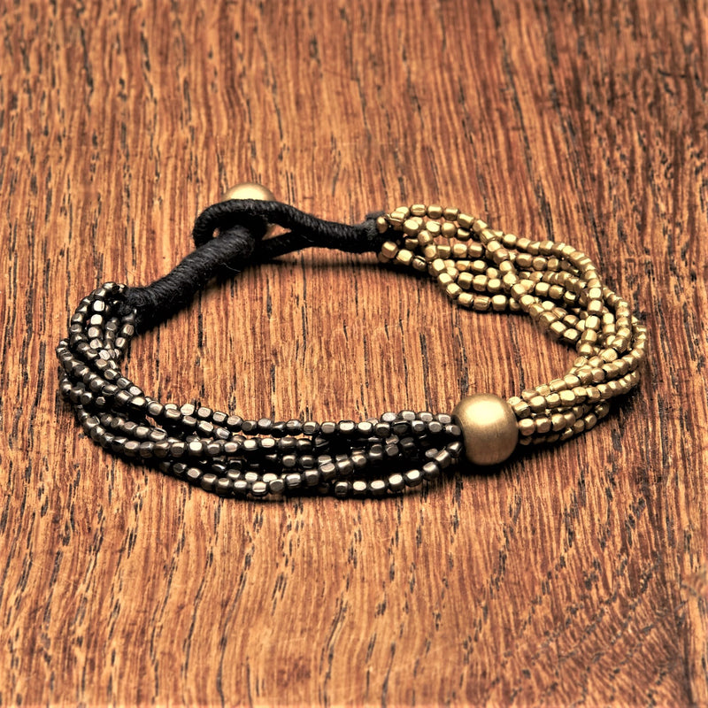 Handmade oxidised pure brass, mixed beaded multi strand bracelet designed by OMishka.