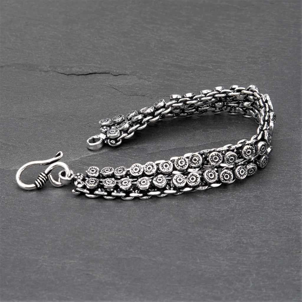 Handmade oxidised silver toned brass, decorative disc Banjara chainmail bracelet designed by OMishka.