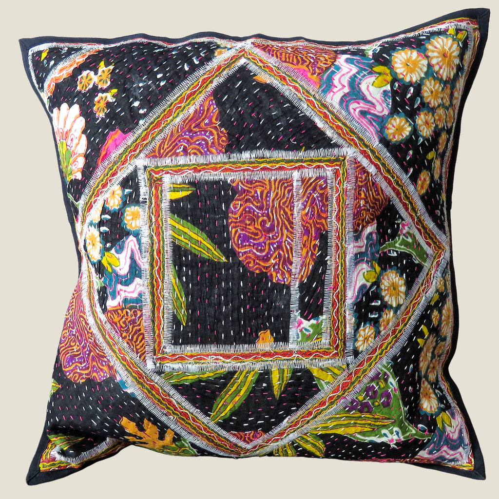 Recycled Square Patchwork Kantha Cushion Cover - 01