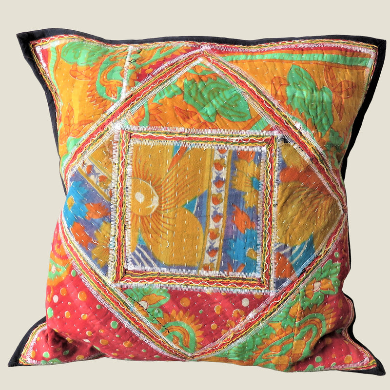 Recycled Square Patchwork Kantha Cushion Cover - 02
