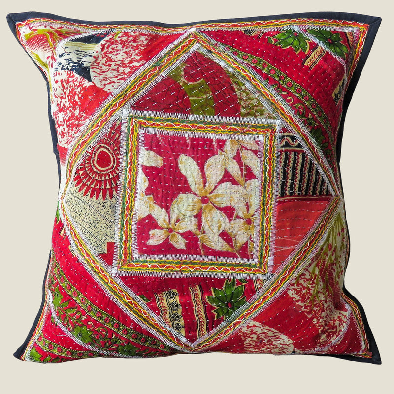 Recycled Square Patchwork Kantha Cushion Cover - 04