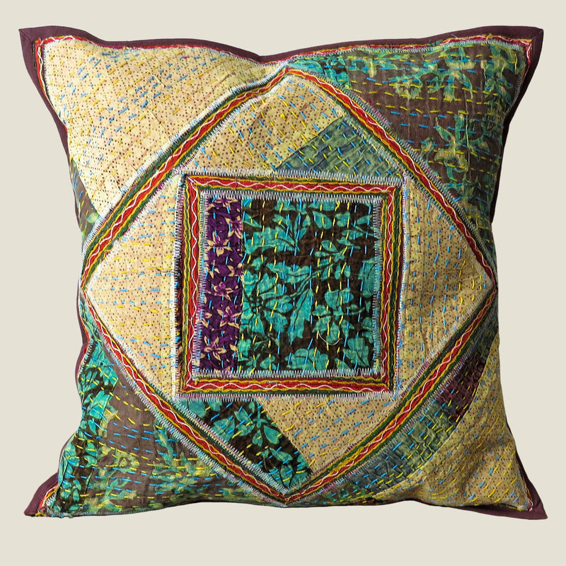 Recycled Square Patchwork Kantha Cushion Cover - 35