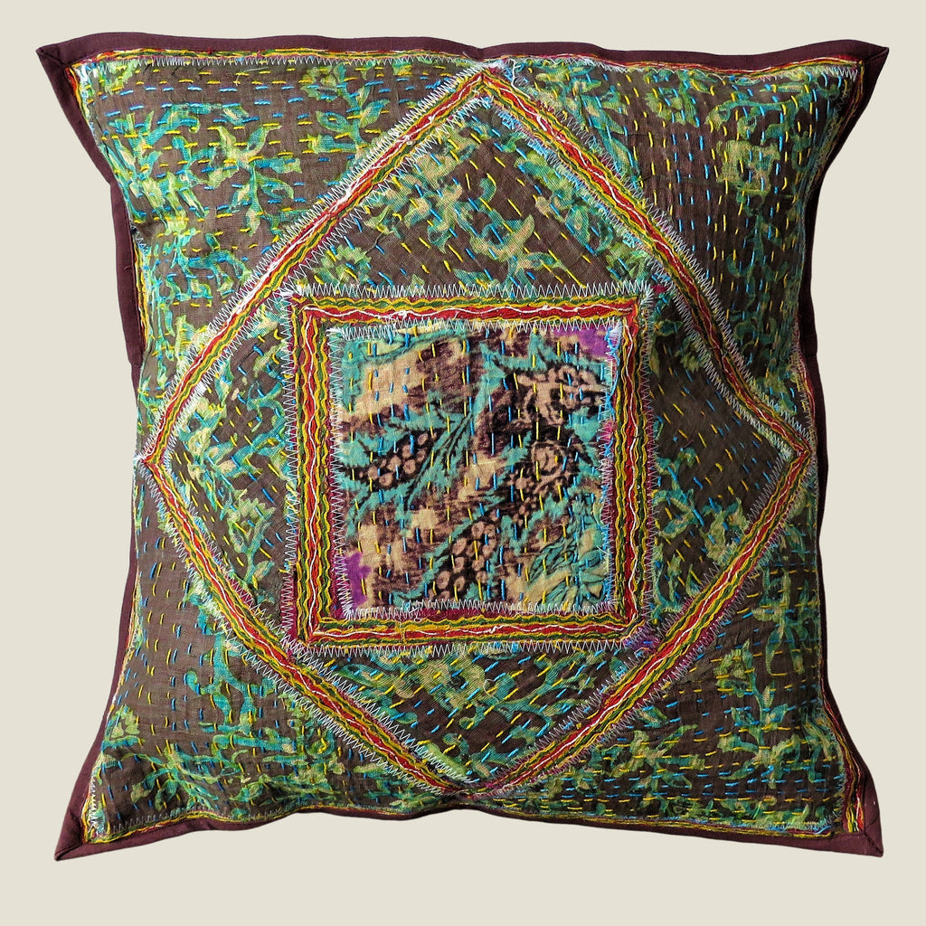 Recycled Square Patchwork Kantha Cushion Cover - 36