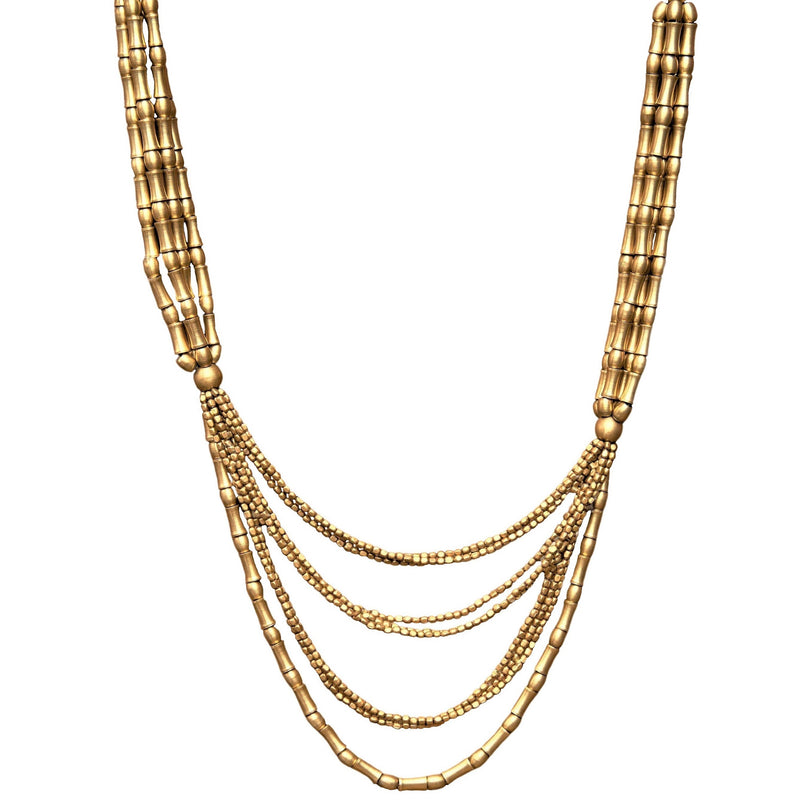 Handmade pure brass, tiny cube and bone beaded, long layered multi strand necklace designed by OMishka.