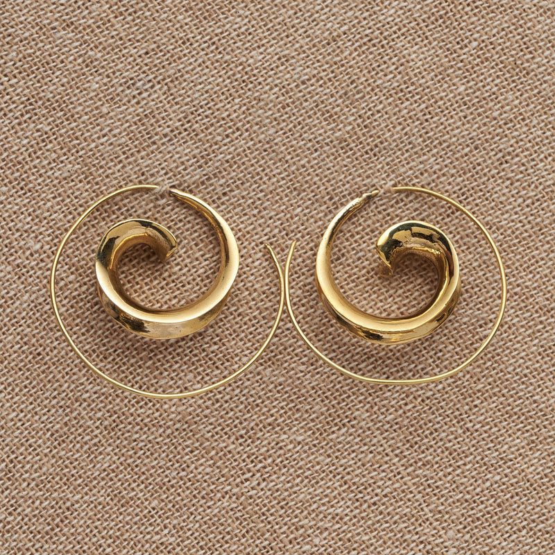 Artisan handmade pure brass, concave spiral wave hoop earrings designed by OMishka.