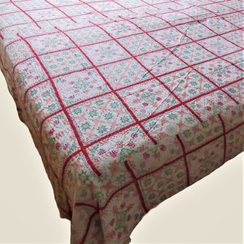 Red Patterned Kantha Bed Cover & Throw - 15