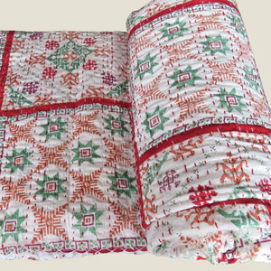 Red Patterned Kantha Bed Cover & Throw - 15