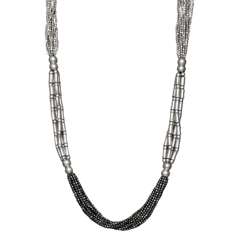 Handmade, silver toned and oxidised black brass, tiny cube and bone beaded multi strand necklace designed by OMishka.