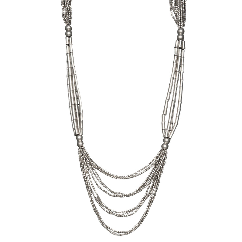 Handmade silver, tiny cube and bone beaded, layered multi strand necklace designed by OMishka.