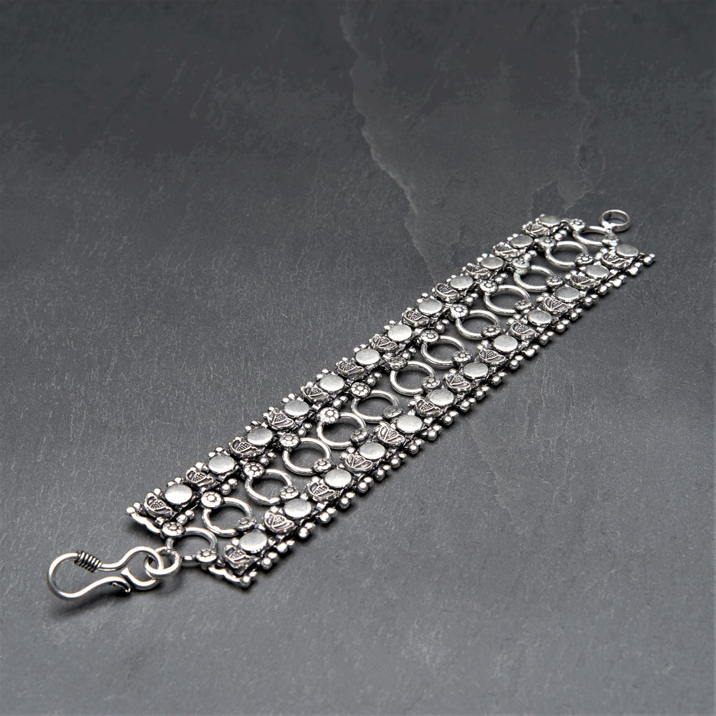 Handmade silver toned brass, decorative open circle, chunky chain bracelet designed by OMishka.