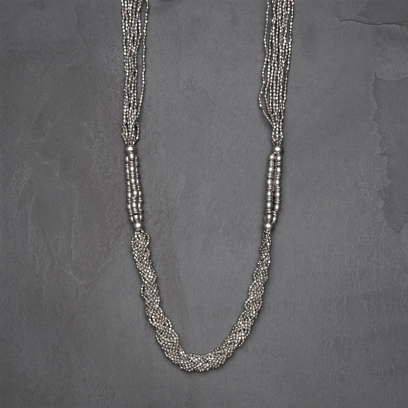 Handmade silver plated brass, tiny cube beaded, woven multi strand necklace designed by OMishka.