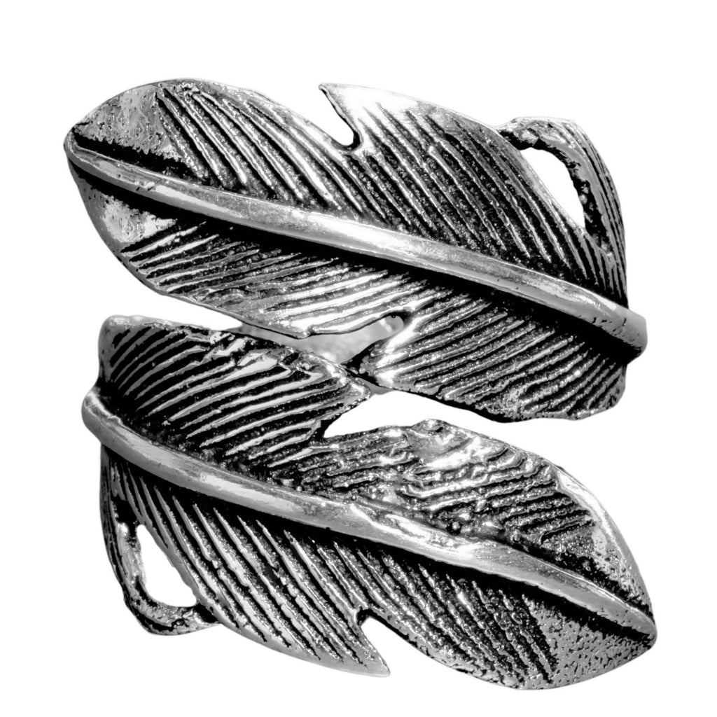 An adjustable, chunky, handmade solid silver, double feather wrap ring designed by OMishka.